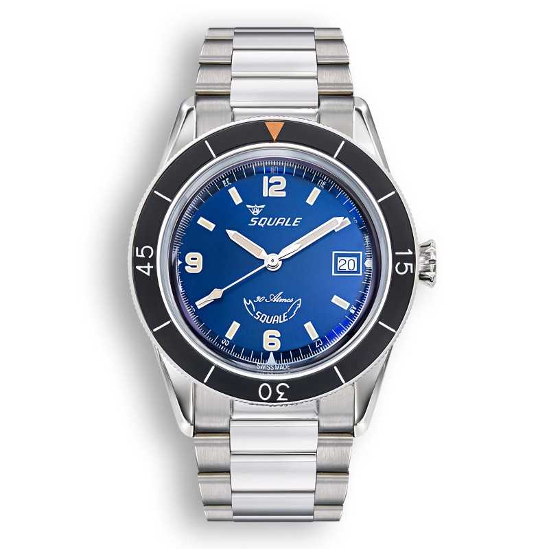 Squale SUB-39BL.BR22 Blue Dial 316L Stainless Steel 300M Men's Diver Watch - Made in Switzerland