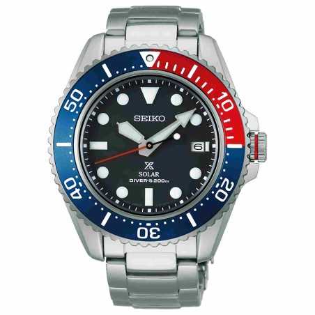 Seiko Prospex SNE591P1 Solar Black Dial Pepsi Bezel Stainless Steel Case and Strap Men's Diver Watch