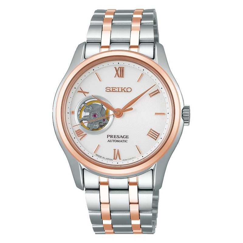 Seiko Presage SSA412J1 Open Heart Skeleton Automatic White Dial Two-Tone Stainless Steel Men's Watch - Made in Japan