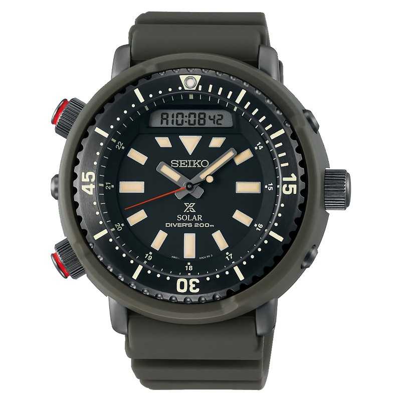 Seiko Prospex SNJ031P1 Urban Safari Arnie Street Series Solar Sports Black Dial Dark Green Silicon Strap Men's Diver Watch