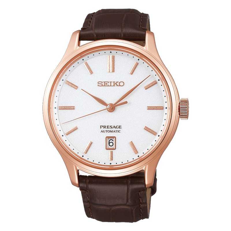 Seiko Presage SARY142 SRPD42J1 Zen Garden Automatic White Dial Stainless Steel Case Dark Brown Leather Strap Men's Watch