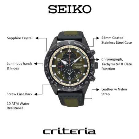Seiko Criteria SNDH47P1 Green Dial Chronograph Stainless Steel Case and Green Leather / Nylon Strap Men's Quartz Watch