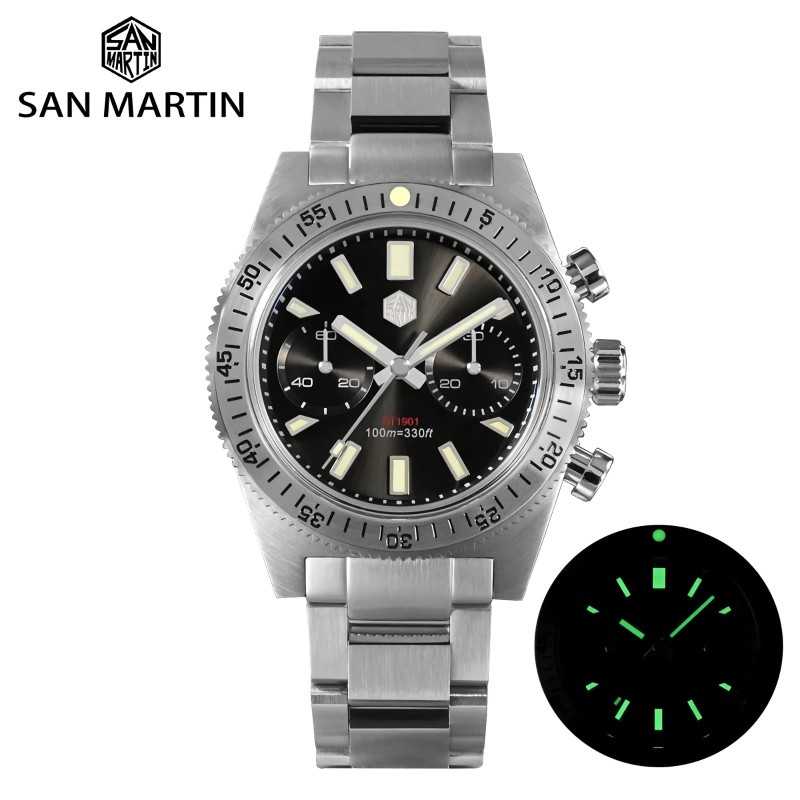 San Martin SN0007-G-JS 62mas Chronograph Sea-Gull ST1901 Manual Winding Mechanical Sunray Gun Gray Dial Men's Watch
