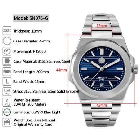 San Martin SN076-G V2 Classic Retro 25 Jewels Automatic Sunray Blue Dial 316L Stainless Steel 42mm 20 ATM Men's Watch
