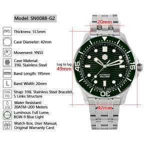 San Martin SN0088-G2 YN55 22 Jewels Automatic Green Dial 316L Stainless Steel 42mm 20ATM Men's Driver Watch