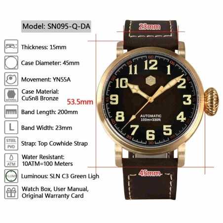 San Martin SN095-Q-DA 22 Jewels Automatic Gradient Brown Dial 45mm 10 ATM CuSn8 Bronze Men's Pilot Watch