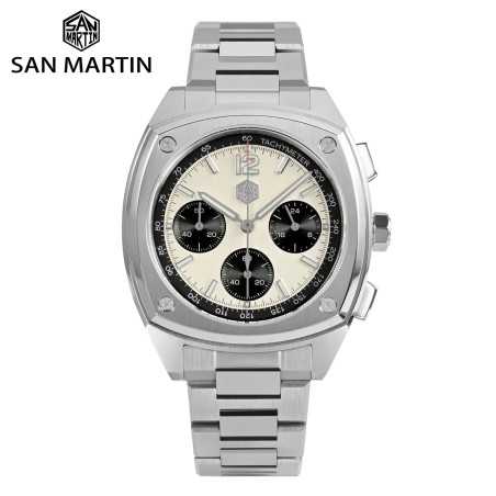 San Martin SN0026-G-JS VK63 Quartz White Panda Dial Chronograph 316L Stainless Steel 39.5mm 10ATM Men's Sport Watch