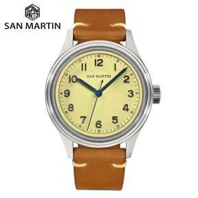 San Martin SN0108-G Military Style 24 Jewels Automatic 316L Stainless Steel Case Leather Strap 38.5mm 10 ATM Pilot Watch