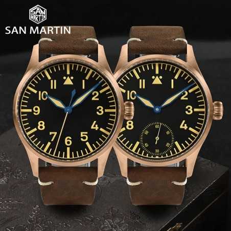 San Martin SN0117-Q Automatic Black Dial CuSn8 Bronze Case Brown Leather Strap 41mm 10ATM Men's Pilot Watch