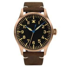 San Martin SN0117-Q Automatic Black Dial CuSn8 Bronze Case Brown Leather Strap 41mm 10ATM Men's Pilot Watch