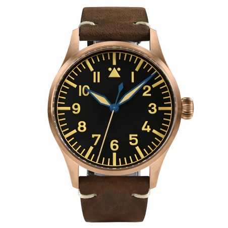 San Martin SN0117-Q Automatic Black Dial CuSn8 Bronze Case Brown Leather Strap 41mm 10ATM Men's Pilot Watch