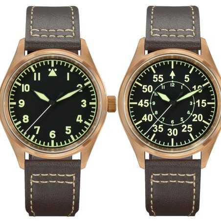 San Martin SN0030-Q V2 YN55A 22 Jewels Automatic Black Dial Bronze Case Leather Strap 39mm 20ATM Men's Pilot Watch