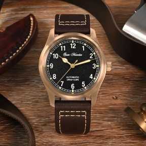 San Martin SN0034-Q-D YN55 22 Jewels Automatic Black Dial Cusn8 Bronze Case Leather Strap 37mm 10ATM Men's Pilot Watch