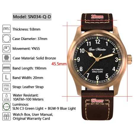 San Martin SN0034-Q-D YN55 22 Jewels Automatic Black Dial Cusn8 Bronze Case Leather Strap 37mm 10ATM Men's Pilot Watch