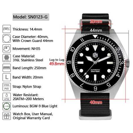 San Martin SN0123-G Automatic Black Dial 316L Stainless Steel Case Nylon Strap 40mm 20ATM Men's Diver Watch