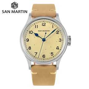 San Martin SN0105-G Military Style 24 Jewels Automatic 316L Stainless Steel Case Leather Strap 38.5mm 10 ATM Men's Pilot Watch