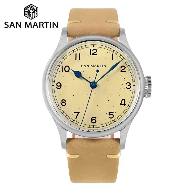 San Martin SN0105-G Military Style 24 Jewels Automatic 316L Stainless Steel Case Leather Strap 38.5mm 10 ATM Men's Pilot Watch