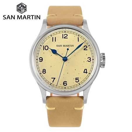 San Martin SN0105-G Military Style 24 Jewels Automatic 316L Stainless Steel Case Leather Strap 38.5mm 10 ATM Men's Pilot Watch