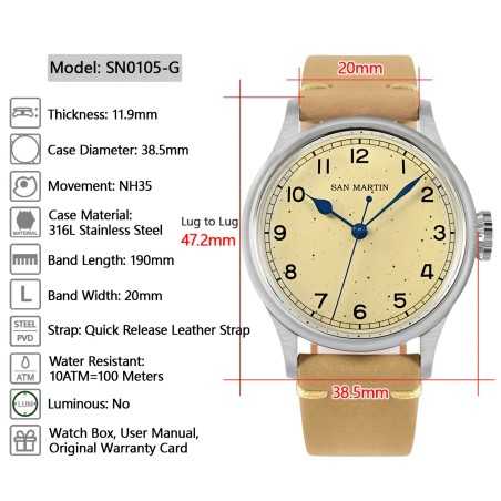 San Martin SN0105-G Military Style 24 Jewels Automatic 316L Stainless Steel Case Leather Strap 38.5mm 10 ATM Men's Pilot Watch