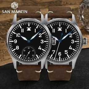 San Martin SN0117-G Automatic Black Dial 316L Stainless Steel Case Brown Leather Strap 41mm 10ATM Men's Pilot Watch