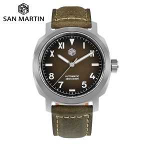 San Martin SN0065-G 22 Jewels Automatic Brown Dial 316L Stainless Steel Case Leather Strap 40mm 10ATM Men's Watch