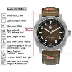 San Martin SN0065-G 22 Jewels Automatic Brown Dial 316L Stainless Steel Case Leather Strap 40mm 10ATM Men's Watch