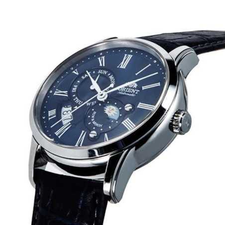 Orient Classic RN-AK0004L Automatic Mechanical SUN & MOON Blue Dial Day & Date Display Stainless Steel Case Leather Strap Watch