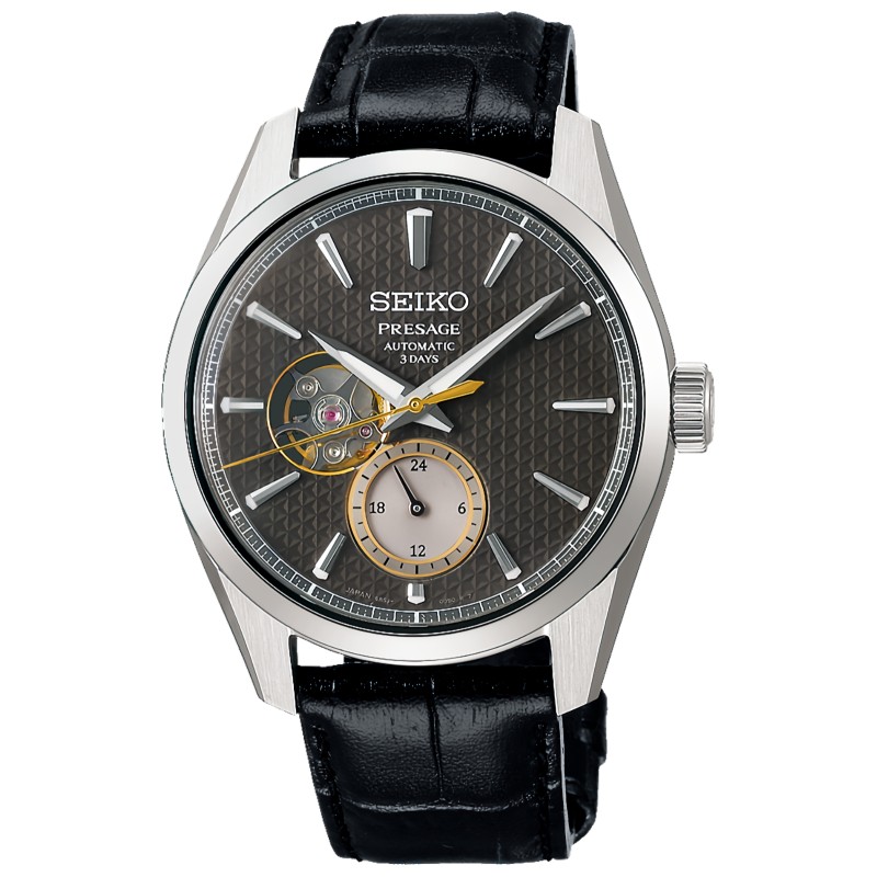 Seiko Presage Sharp Edged SARJ005 Azabu Tailor Open Heart Charcoal Gray Dial Stainless Steel Case Leather Strap Men's Watch