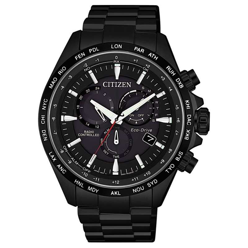 Citizen CB5835-83E Eco-Drive Radio-Controlled Chronograph Perpetual Calendar Black Dial Stainless Steel Men's Watch