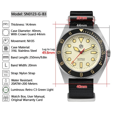 San Martin SN0123-G-B3 Automatic Beige Dial 316L Stainless Steel Case Nylon Strap 40mm 20ATM Men's Diver Watch