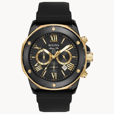 Bulova Marine Star 98B278 Black Dial Chronograph Black IP Gold-Tone Stainless Steel Case Silicone Strap Quartz Watch