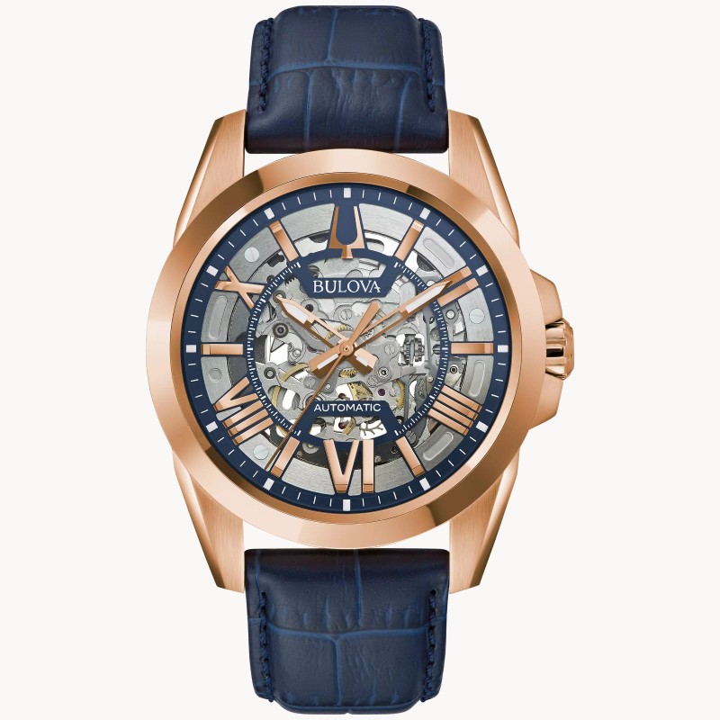 Bulova Sutton 97A161 Automatic Skeleton Blue Dial Rose Gold-Tone Stainless Steel Case Leather Strap Watch