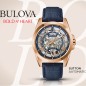 Bulova Sutton 97A161 Automatic Skeleton Blue Dial Rose Gold-Tone Stainless Steel Case Leather Strap Watch