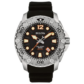 Bulova Sea King 96B228 Black Dial Date Display Stainless Steel Case Silicone Strap Quartz Diver Watch