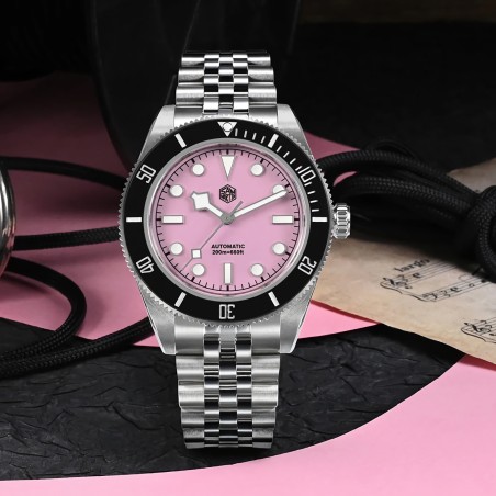 San Martin SN0128-G4 Automatic Pink BB Dial Ceramic Bezel Stainless Steel Sapphire 40mm 200M Men's Diver Watch