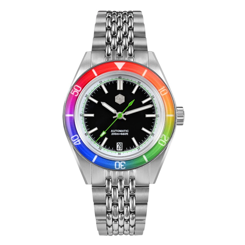 San Martin SN0116-G-B1 Automatic Black Dial Date Display Rainbow Bezel Stainless Steel Men's Watch