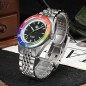 San Martin SN0116-G-B1 Automatic Black Dial Date Display Rainbow Bezel Stainless Steel Men's Watch