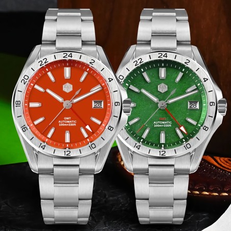 San Martin SN0129-G-B1 GMT Automatic Red Agate/Green Jade Stone Dial 316L Stainless Steel Case 39mm 10ATM Men's Watch