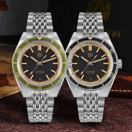 San Martin SN0116-G-B2 Vintage Distressed Design Automatic Retro Black Dial Black / Retro Green Bezel Men's Diver Watch