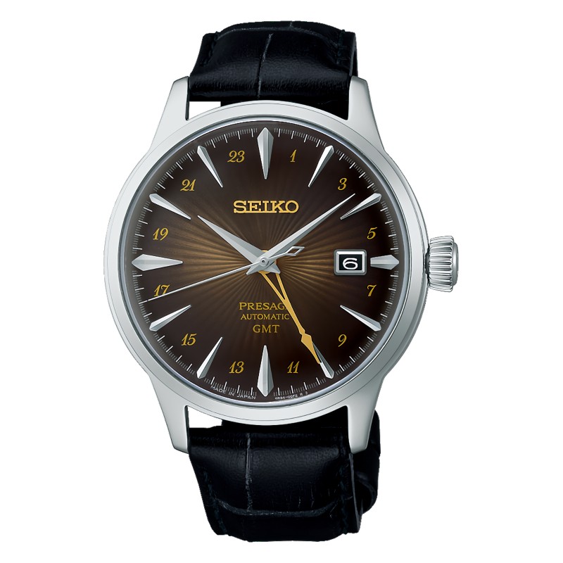 Seiko Presage SSK039J1 “Rusty Nail” Cocktail Time Automatic GMT Dark Brown Dial Date Display Black Leather Strap Men's Watch