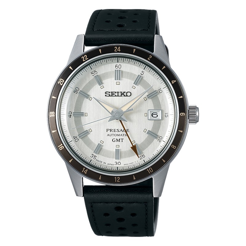 Seiko Presage Style 60’s Series SSK011J1 Automatic GMT White and Gray Dial Date Display Stainless Steel Case Leather Strap Watch