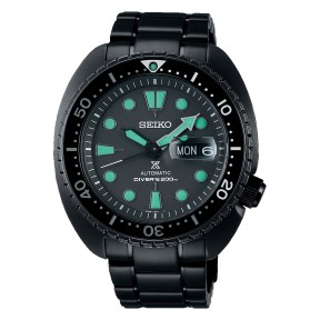 Seiko Prospex Turtle Black Series SRPK43 Night Vision Automatic Black Dial Day Date Display Black Stainless Steel Diver Watch