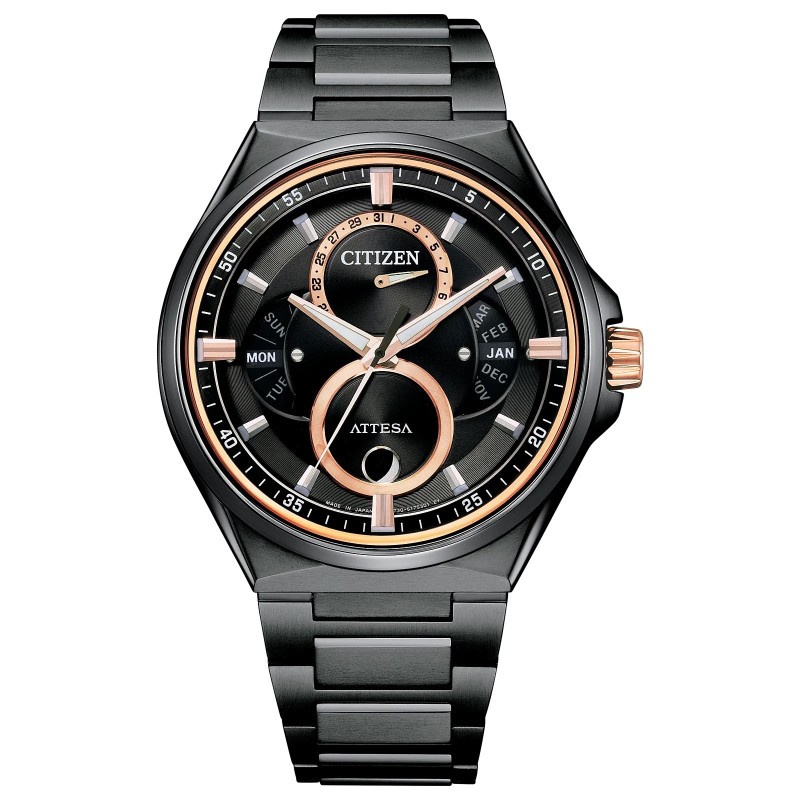 Citizen Attesa BU0065-64E Eco-Drive Black / Rose Gold-Tone Color Dial Triple Calendar Moon Phase Display Watch