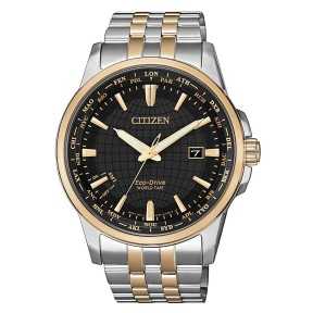 Citizen BX1006-85E Eco-Drive Perpetual Calendar World Time Black Dial Two-Tone Stainless Steel Men's Watch