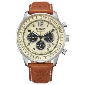 Citizen Future Force Series CA4500-16X Eco-Drive Beige Dial Date Display Chronograph Stainless Steel Case Leather Strap Watch