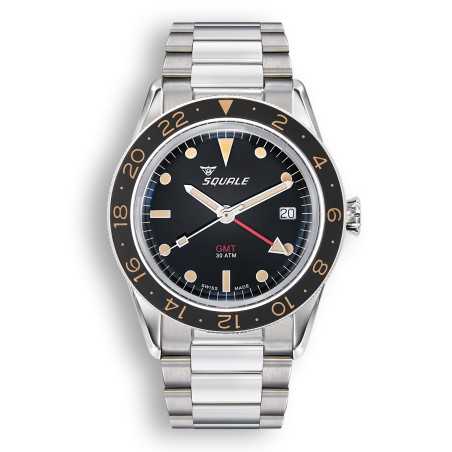 Squale SUB-39GMTV.BR22 GMT Vintage Black Dial 316L Stainless Steel 300M Men's Diver Watch - Made in Switzerland